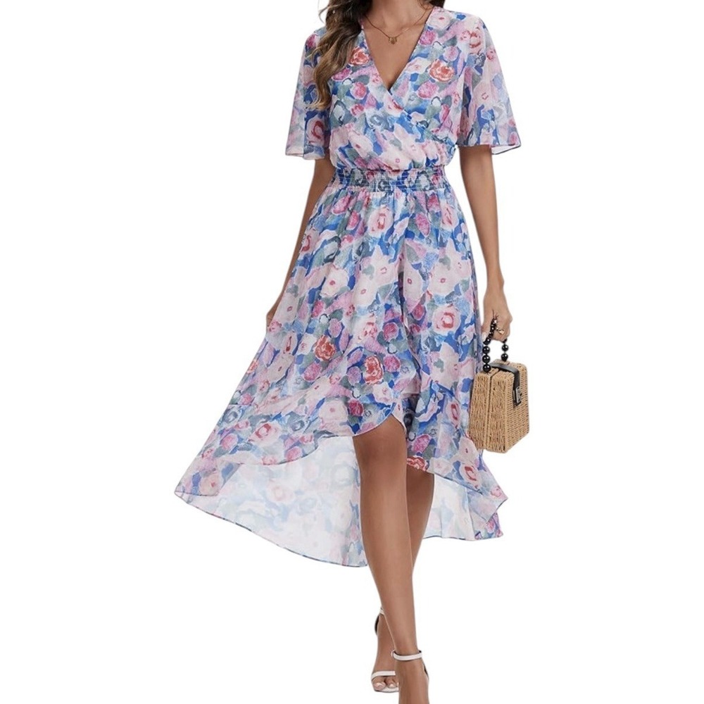 New Kormei Maxi Dress Women's XL Floral Short Sleeve High Low Party‎ Fairy